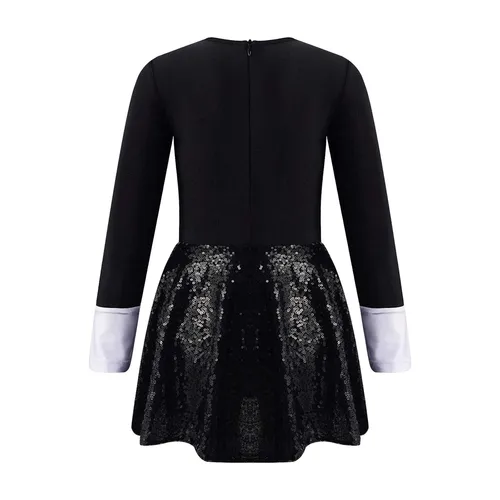 Imagen 2 del producto Traje de baile de Jazz latino con lentejuelas para niñas, leotardo de esmoquin con pajarita de manga larga para gimnasia, Ballet, Ropa de baile para escenario