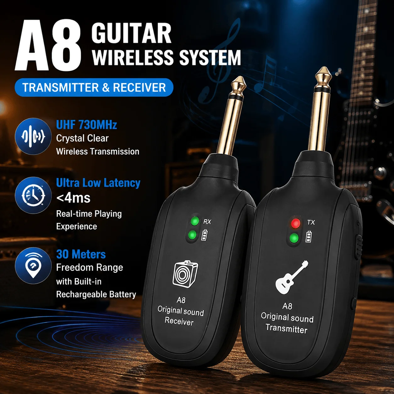 Guitar Wireless System Transmitter Receiver UHF Rechargeable Low Latency 30M Range For Electric Guitar Bass Plug And Play Unit
