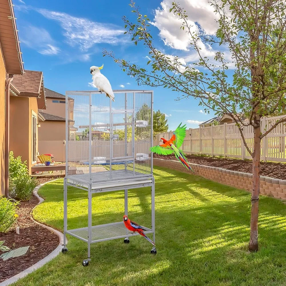 

53-Inch Rolling Bird Cage, Wrought Iron Large Cage with Stand and Storage Shelf for Parrots, Cockatiels, Parakeets, and Macaws