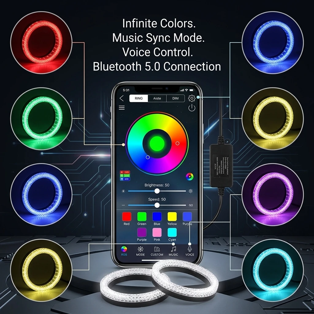 LED Angel Eye Lights APP Bluetooth 5D RGB Dream Color Lens for Car Motorcycle Acrylic Clip-on Decorative Lamp