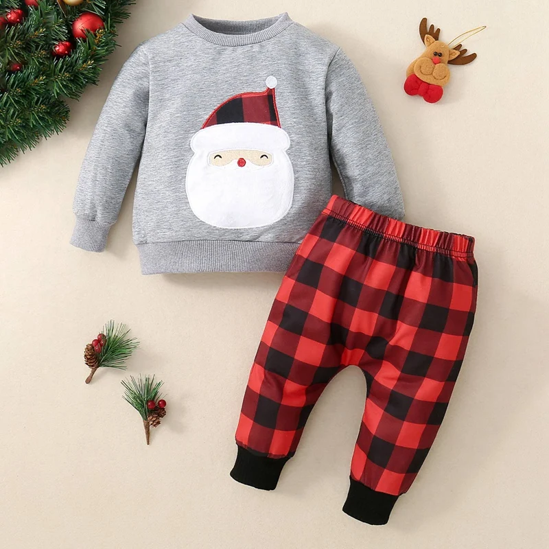 

Baby Clothes Set Santa Print Long Sleeve Sweatshirt+Plaid Pant Newborn Infant Classic Fashion Christmas Suits Xmas Costume 0-18M