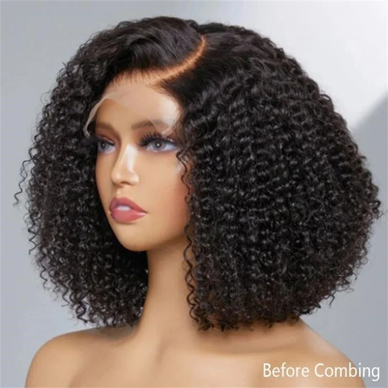 Short Bob PrePlucked 16 inch 180 Density Soft Glueless Kinky Curly Lace Front Wigs For Balck Women With Babyhair Daily Wear