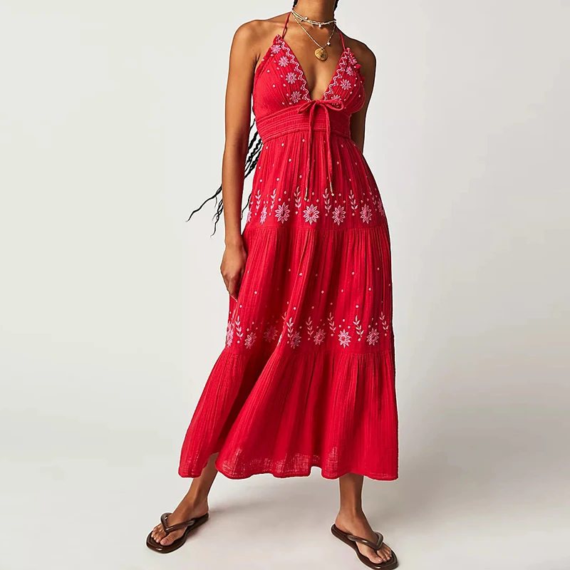 Beach Style Women V Neck Backless Halter Long Dress Bohemian Indie Embroidery Maxi Dress Summer Club Party Vestidos Holiday