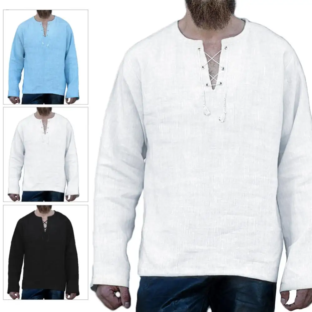 Cotton Men V Neck Solid Color Blouse Long Sleeve Loose Top Shirt Lace up Linen T-Top