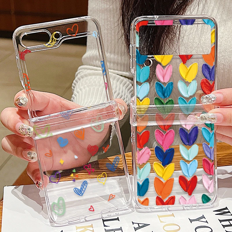 Love Heart Pattern Folding Phone Case For Samsung Galaxy Z Flip 5 4 3 Clear Hard PC Back Cover For Samsung Z Flip5 Flip4 Flip3