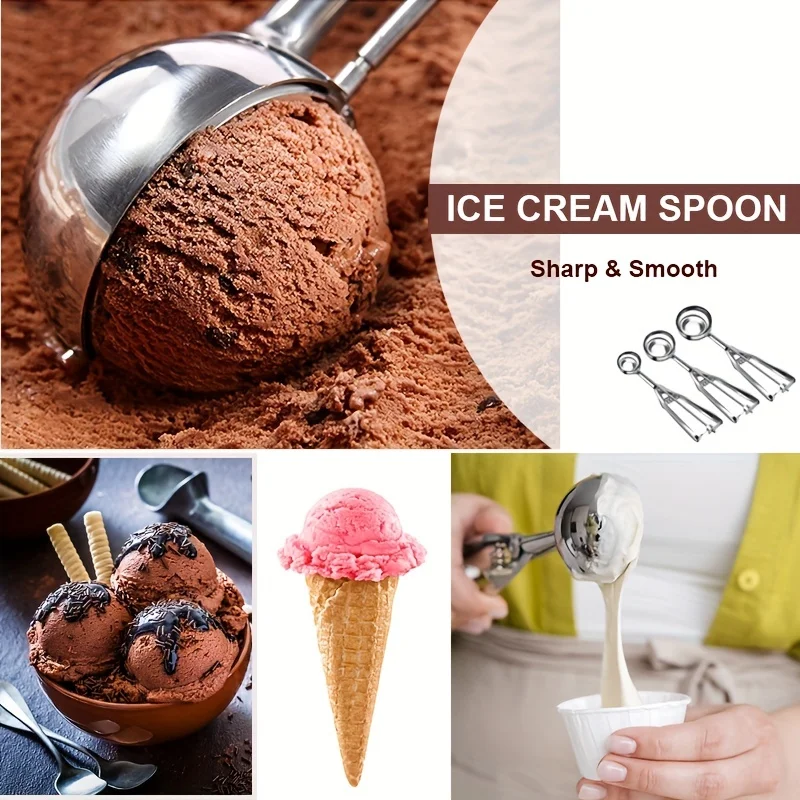 3 High-quality Stainless Steel Ice Cream Spoons, Biscuit Spoons Set, Non Stick, Durable Rust Proof Suitable for Ice Cream Fruits