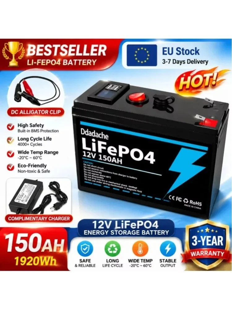 🎁   LiFePO4 12V 150Ah Lithium-Ionen-Akku, Geeignet für Kajak-Entdecker, Solarmodule, Elektrische Spielzeugschiffe und Elektrische Rollstuhl-Batterien