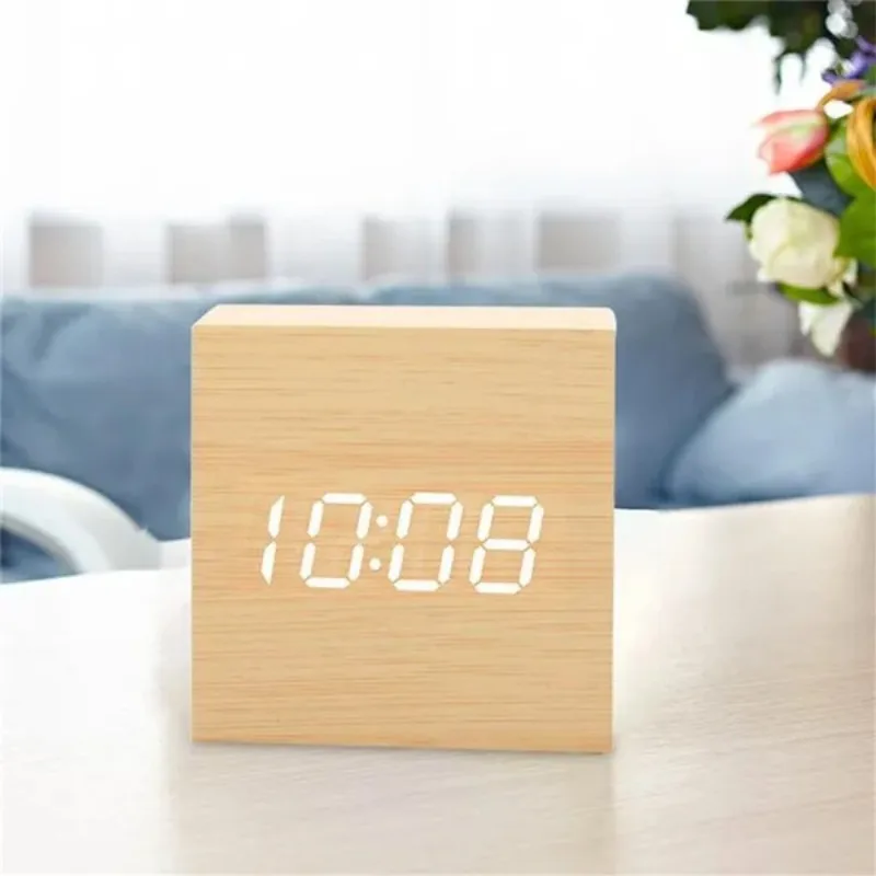 Picture 5: Voice Control Digital Electronic Clock Luminous Smart LED Wooden Alarm Clock Multifunctional Desktop Timepiece