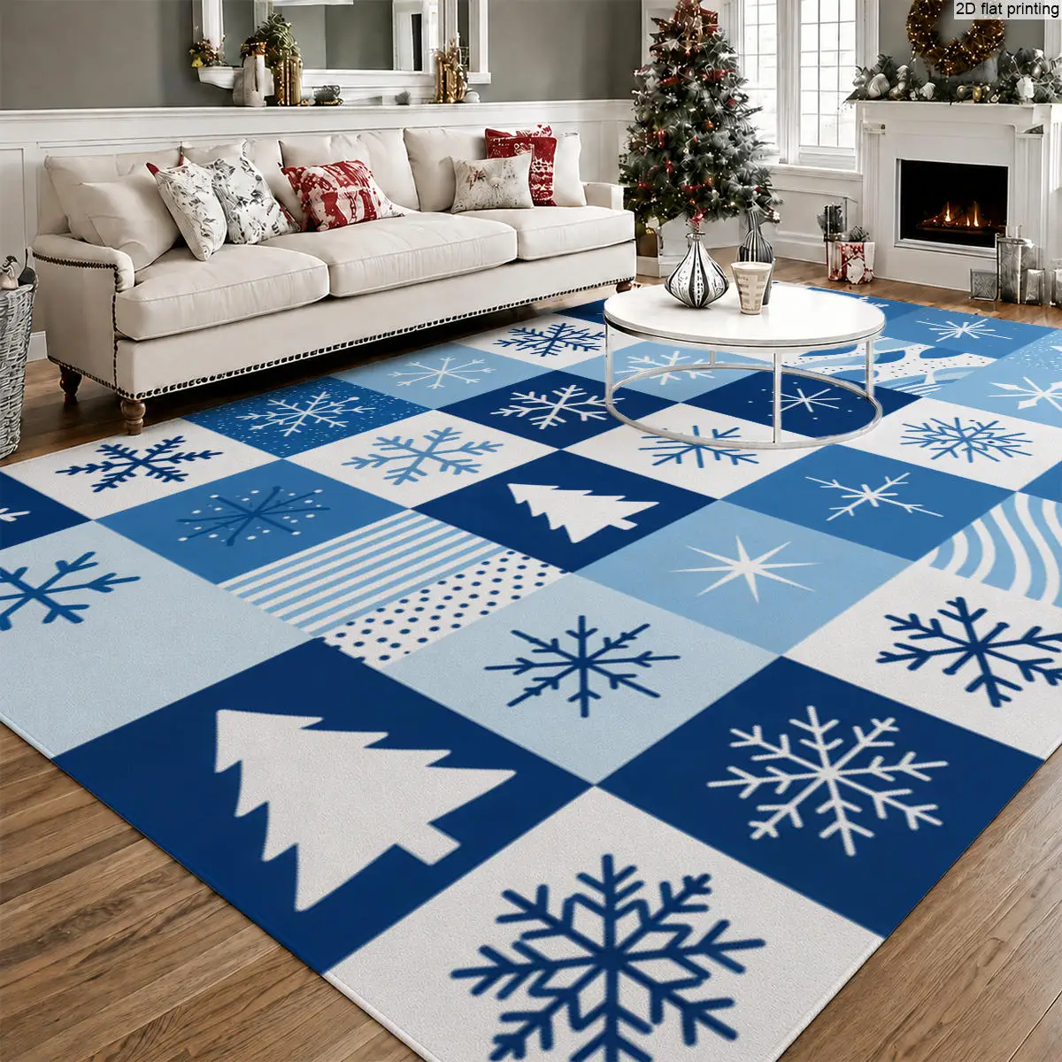 Blue and White Snowflake Checkered Rug, Winter Christmas Geometric Print Rug, Living Room and Bedroom Indoor Holiday Home Decoration Rug.