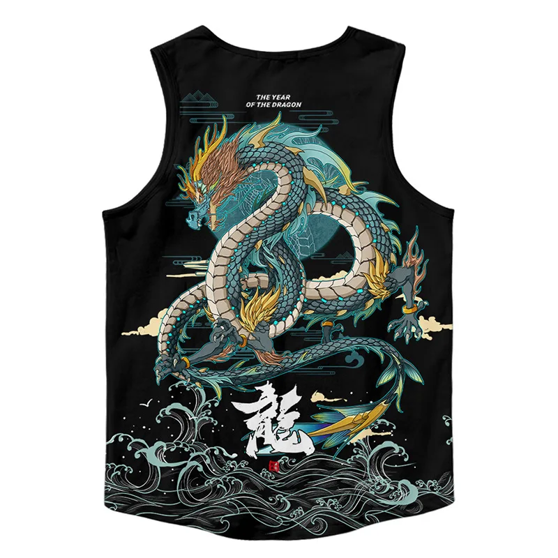 Anime Dragon Print Tank Tops Sleeveless Shirt Sportswear Vest Japanese Casual Singlet Plus Size Mesh Tops Men Gym Clothing