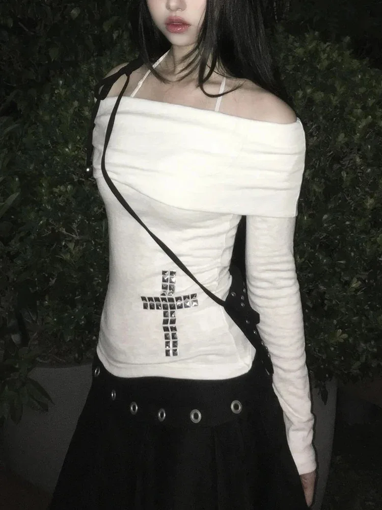 أوائل الخريف عارضة أزياء الصليب الأبيض الساخن الماس كتف واحد طويلة الأكمام فتاة حار ضيقة المرأة الصفصاف مسمار أعلى #4