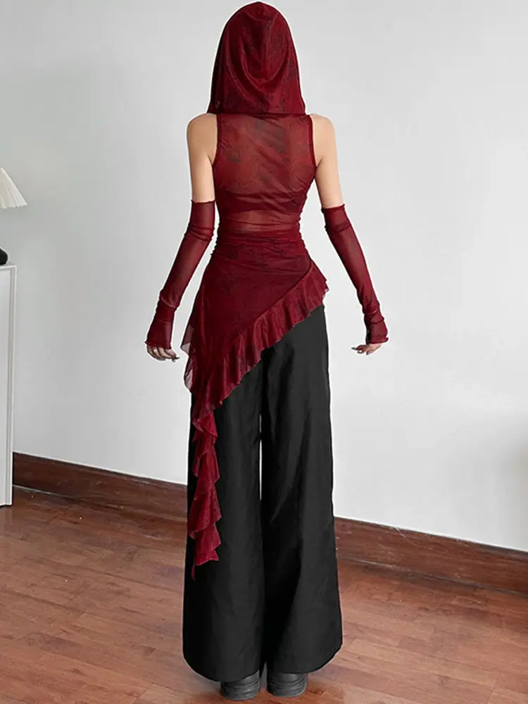 Red Mesh See Through Top Streetwear Hooded T-shirt Irregular Ruffle Oversleeve Tops For Women Sexy Y2k Clothing