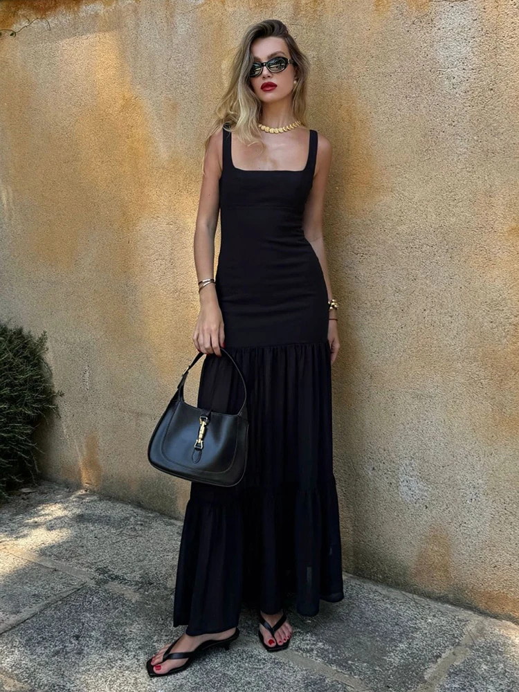 Cutenew – Robe Maxi plissée à volants pour femmes, Patchwork, classique, col carré, sans manches, gaine, élégante, vêtements de rue, nouvelle collection