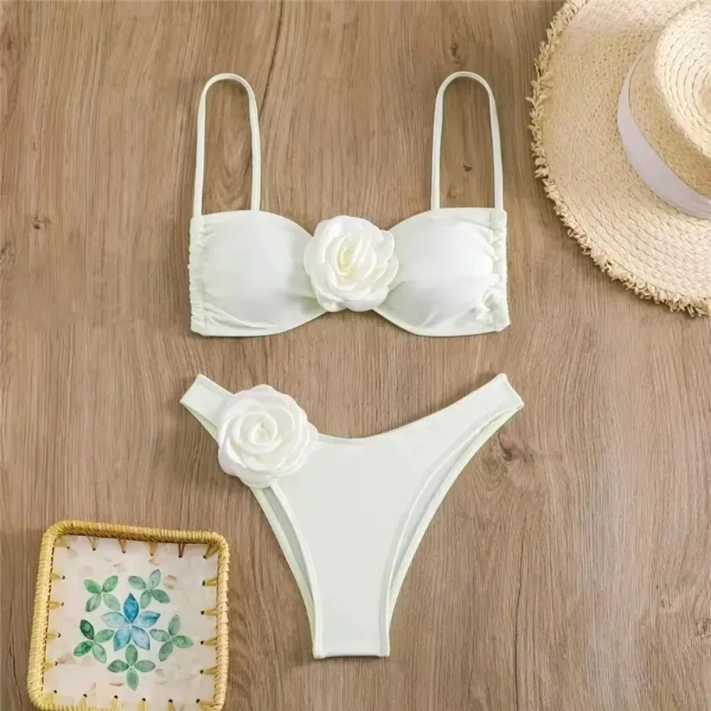 Sexy Flower Bandeau Swimwear Thong Bikini New Women Lace-up Swimsuits Swimming Bathing Suit Brazilian Bikinis Set Mujer Biquini