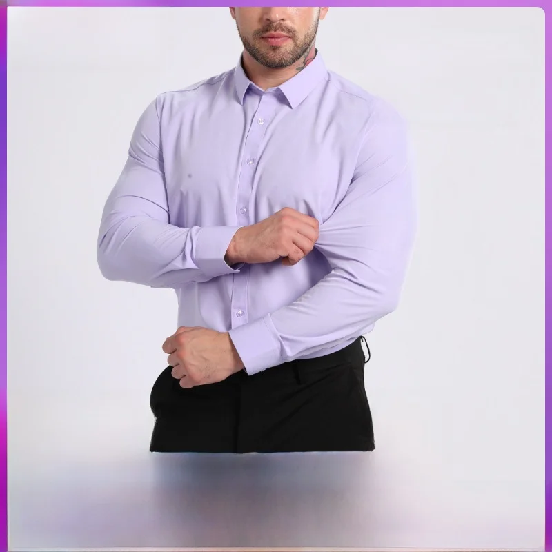 

Lightweight Breathable Men's Long Sleeve Shirt Elastic No Ironing Resistant Wrinkle PU Leather Standard Fit Cleanfit Style Sq...
