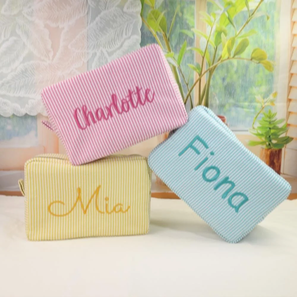 Custom Name Embroidered Cosmetic Bag,Multi‑Color Striped Travel Toiletry Pouch,Portable Zipper Storage Organizer for Women Girls