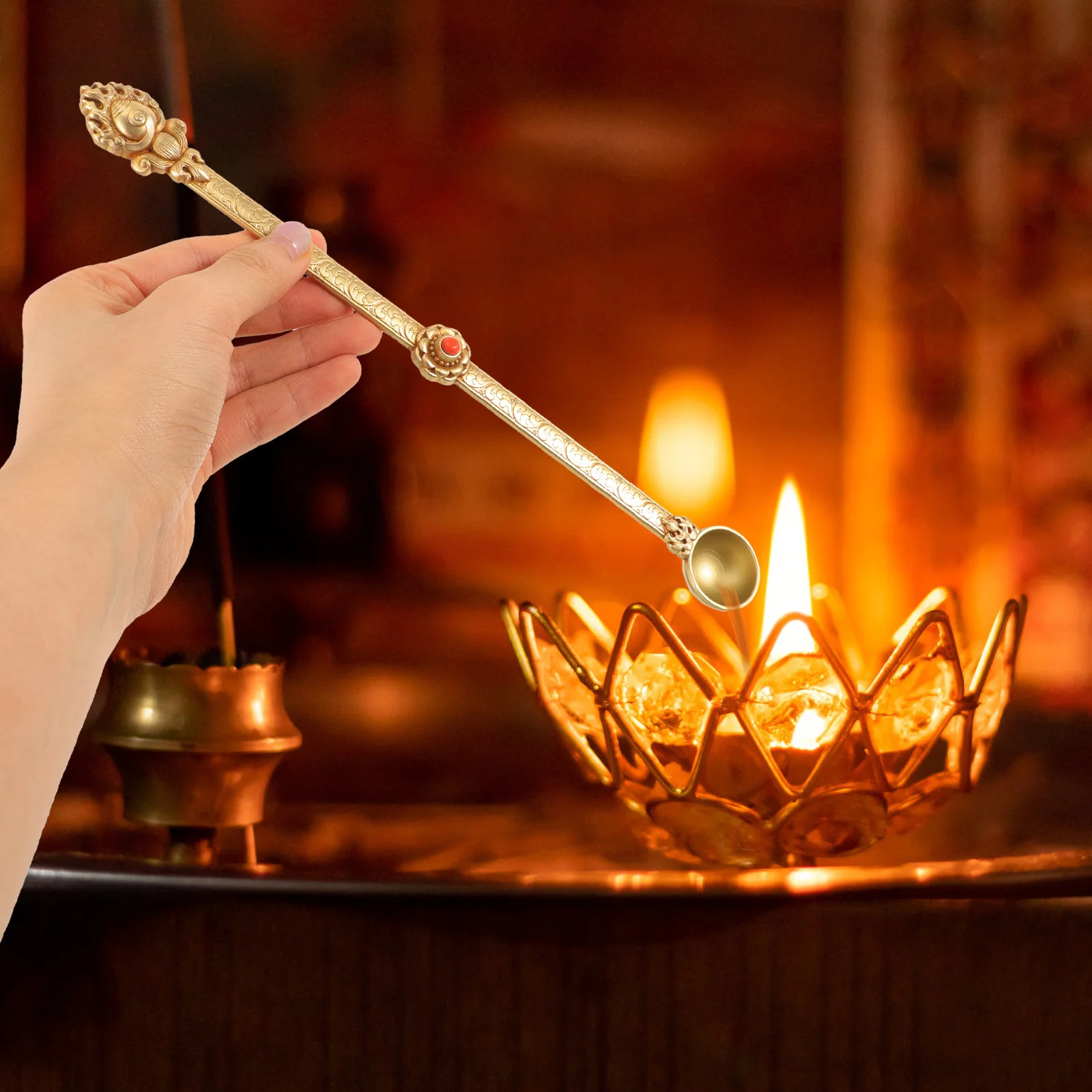 

Brass Buddha Spoon for Pouring Ghee Intricately Carved Pure Brass Ritual Spoon Tibetan Religious Decor