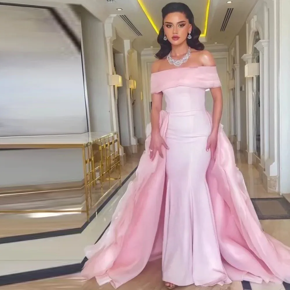 

Customized Pink Ruffles Train فستان سهرة نسائي Evening Dresses Boat Neck Mermaid Formal Dress Organza Gown