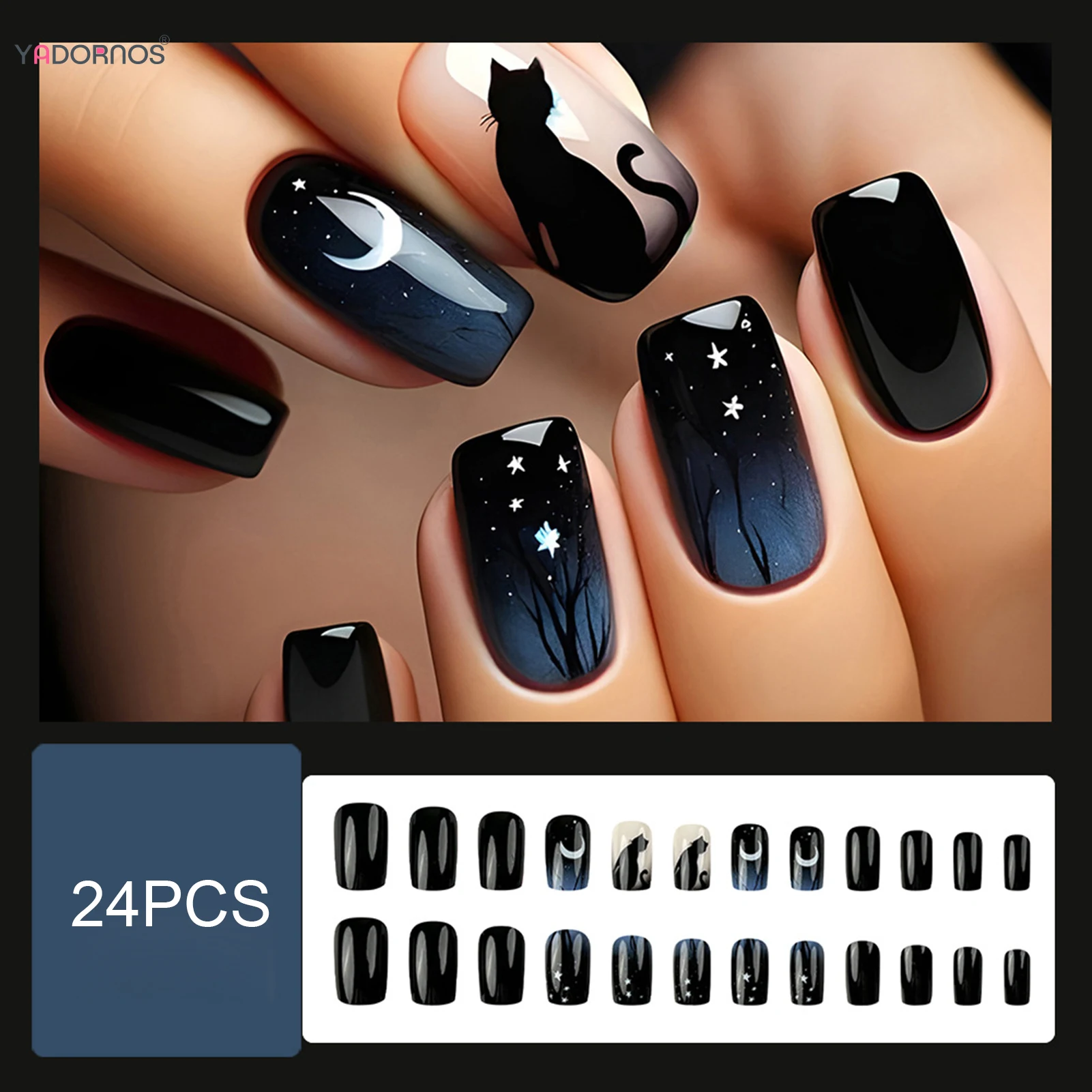 Black Halloween Press on Nails Moon Star Cat Design Short Square Fake Nails Full Cover Acrylic Nail Tips for Women Girls 24Pcs