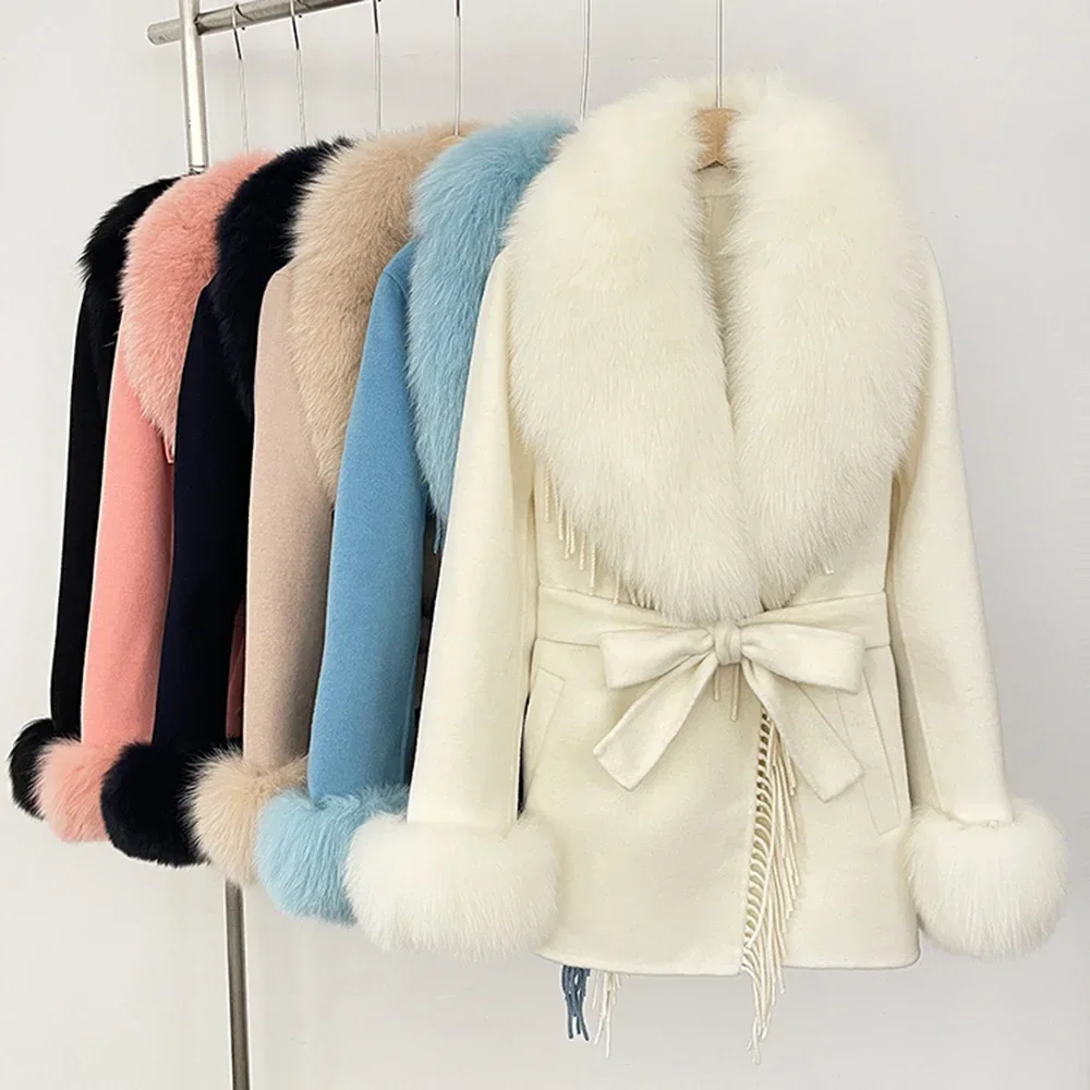 リアルファーコート 2025 秋冬新作 本物の毛皮ジャケット レディース ウール混紡 ショートフォックスファー 天然毛皮 ウールジャケット 女性用オーバーコート