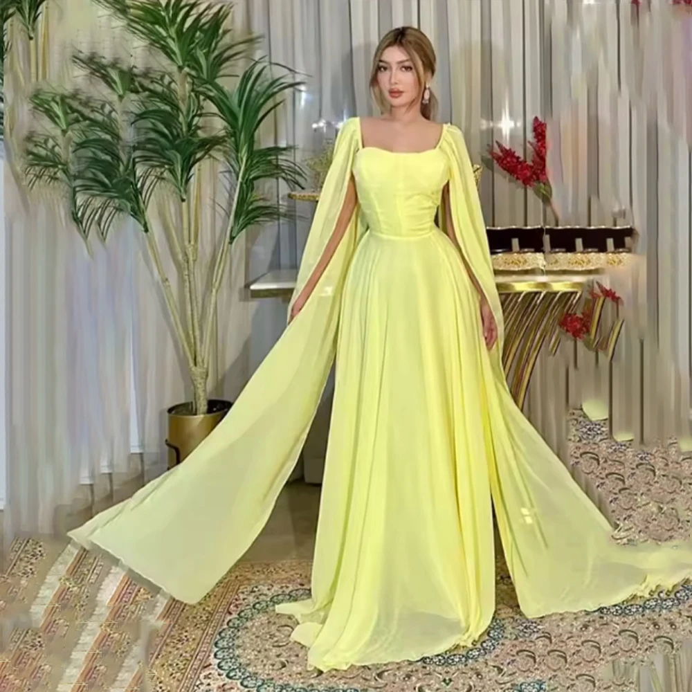 

Желтые платья для выпускного вечера с длинными плавающими рукавами и квадратным воротником А-силуэта Шифоновые вечерние платья Speial Вечерние платья по индивидуальному заказу