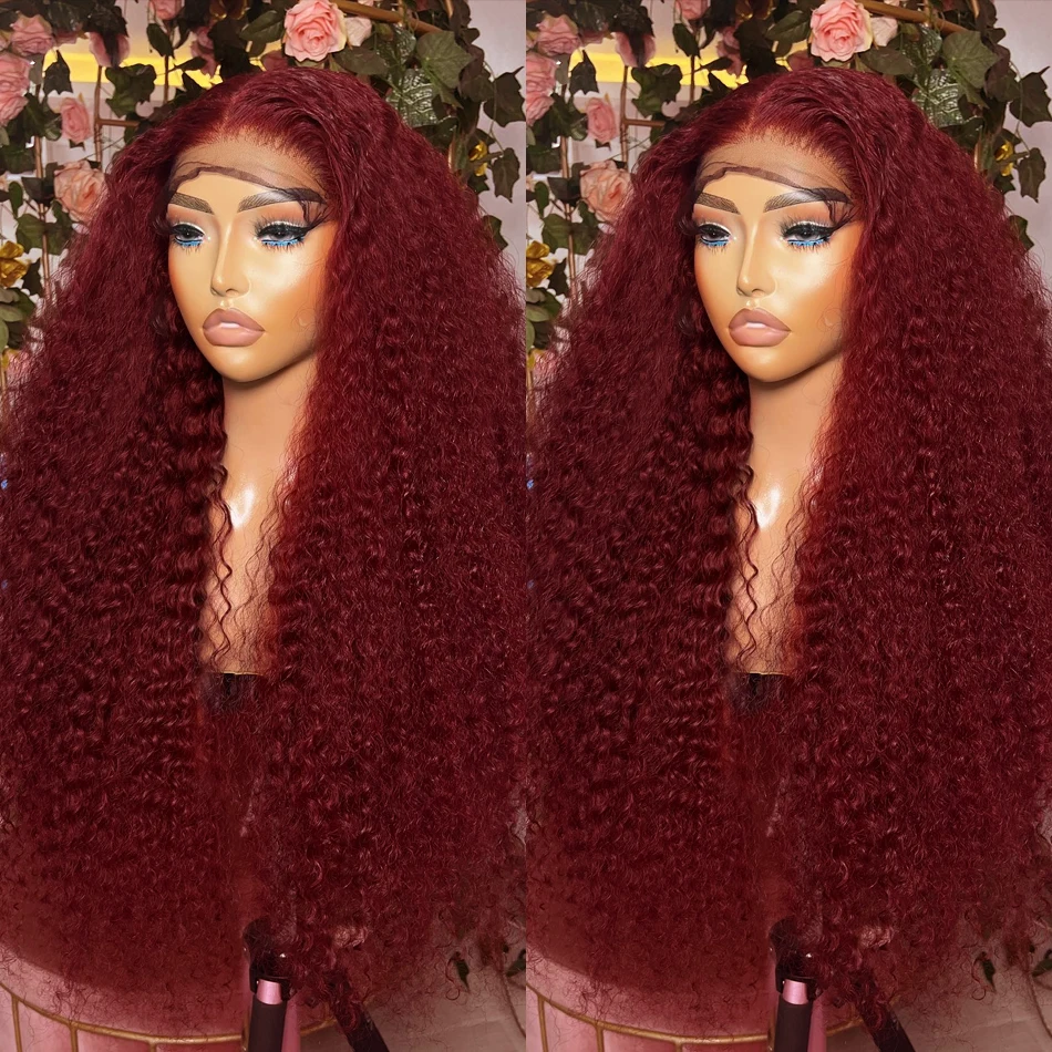 99J Burgundy Curly 13x4 HD Lace Frontal Wigs Colored Human Hair Wigs Red Deep Wave Lace Front Wig 30 36 Inch Red Wig Human Hair