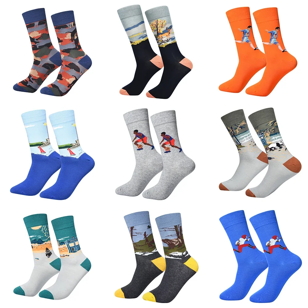 Autumn and winter new men's tube cartoon graffiti illustration socks boneless combed cotton tube socks