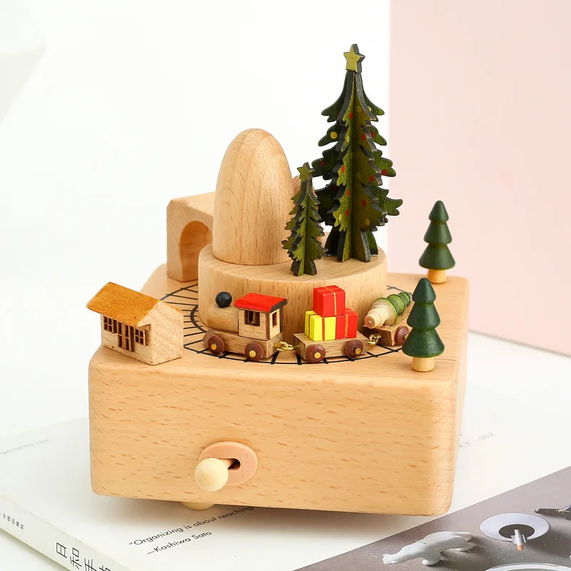 Wooden Music Box Christmas Train Music Box Girls' Children's Birthday Gift Valentine's Day Craft Gift Decorations