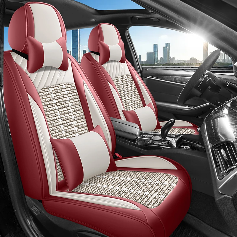 Front Row Double Seats, Luxurious Ice Silk Full-Cover Car Seat Covers, Universal Fit, Breathable and Not Stuffy, Suitable for All Seasons, Fits the Seats Well, with Three-Dimensional Side Support, Paired with Comfortable Headrest and Lumbar Support, Enhance the Driving Experience, Available in Five Colors, Suitable for Various Models Such as Sedans, Suvs, Trucks, Etc
