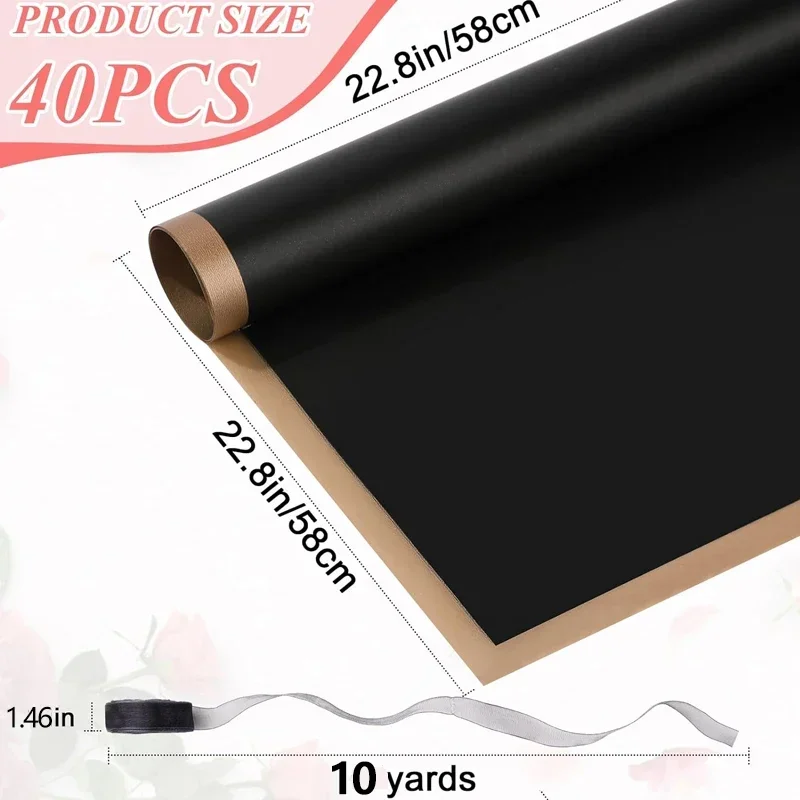 40PCS/PACK Black Golden Border Rose Flower Wrapping Paper Korean Style  Gift Wrap Florist Bouquet Wrapping Paper