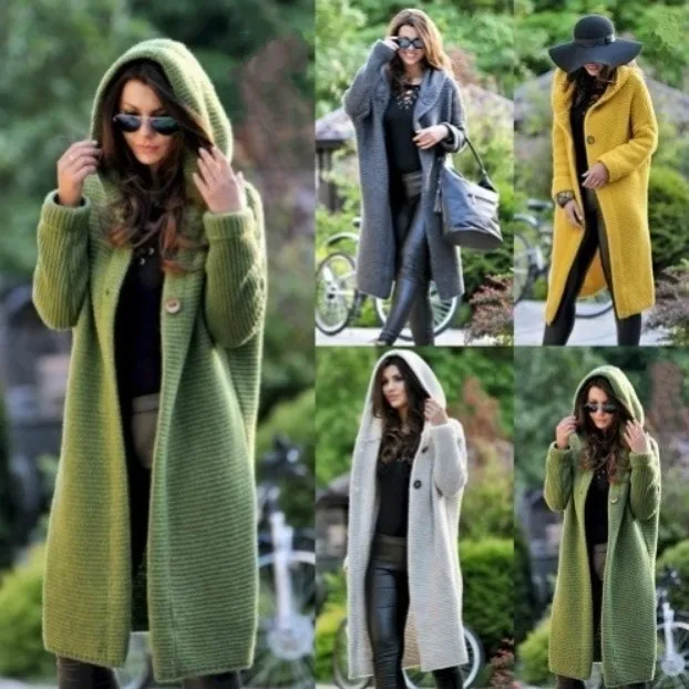 Women Hooded Cardigan Sweater Simple New Autumn Winter Loose Female Casual Button Large Size Long Cloth Available