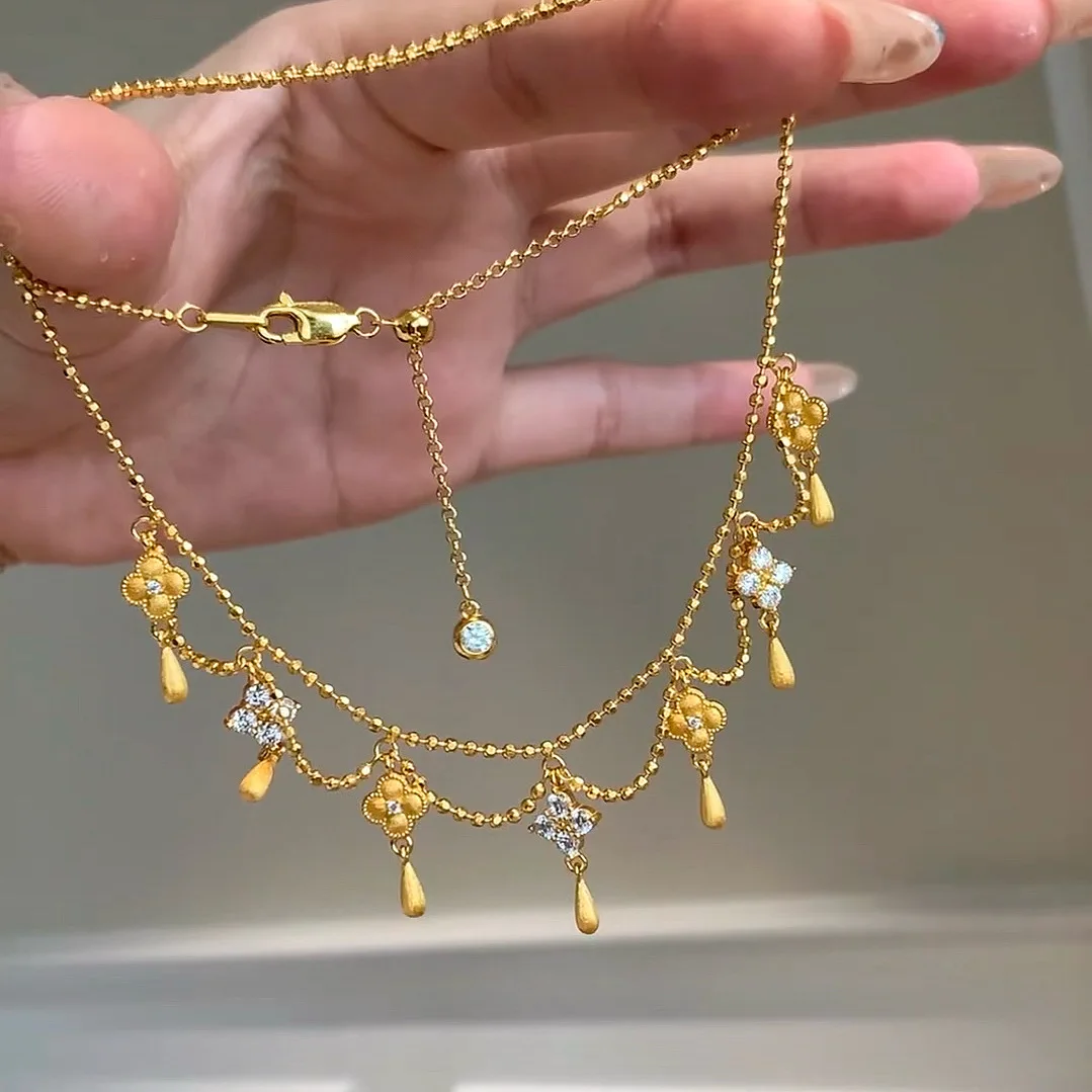 999 24K real gold water drop fringed four-leaf clover necklace for women diamond retro princess brushed clavicle chain for women