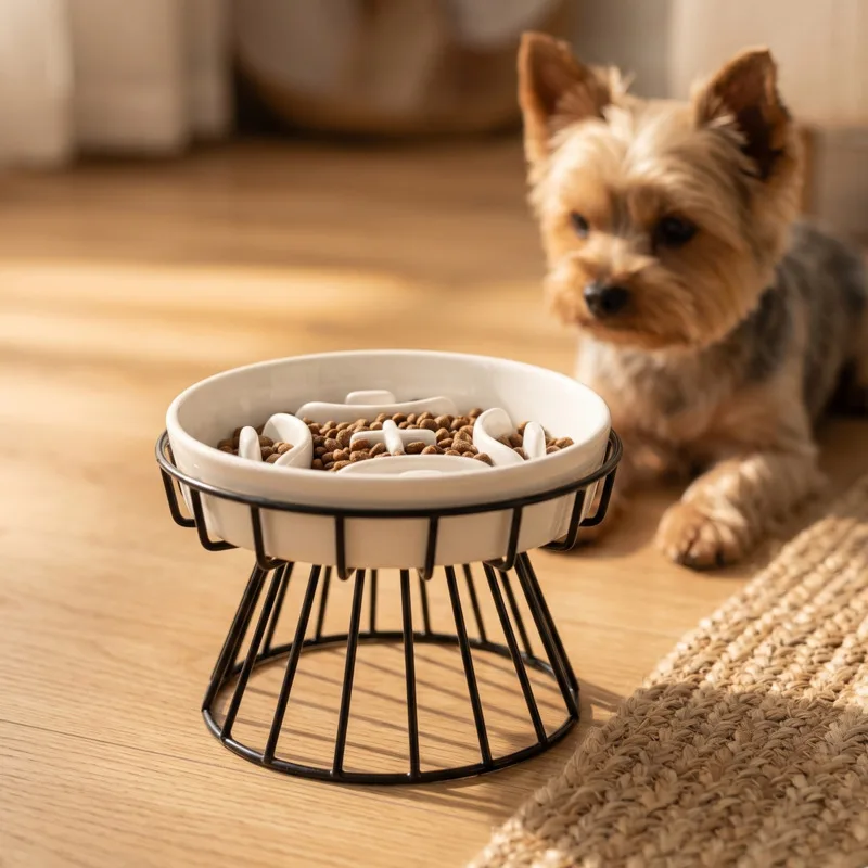 Comedero Lento de Cerámica con Soporte Elevado para Mascotas, Antiderrames y Anti-Asfixia, Plato para Comida de Perros y Gatos, Ideal para Perros Pequeños, Cachorros y Mayores