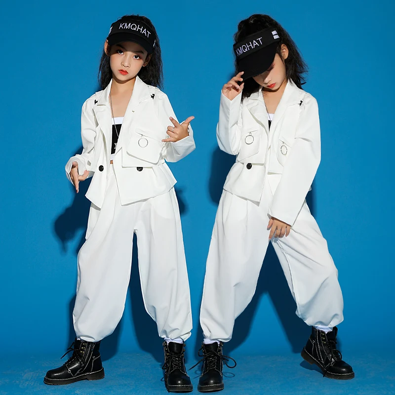 Neue Kinder Hip Hop Kleidung weiße Anzüge Street Dance Bühnen kostüme moderne Jazz Performance Outfit Mädchen Hip Hop Hosen Tops bl5419