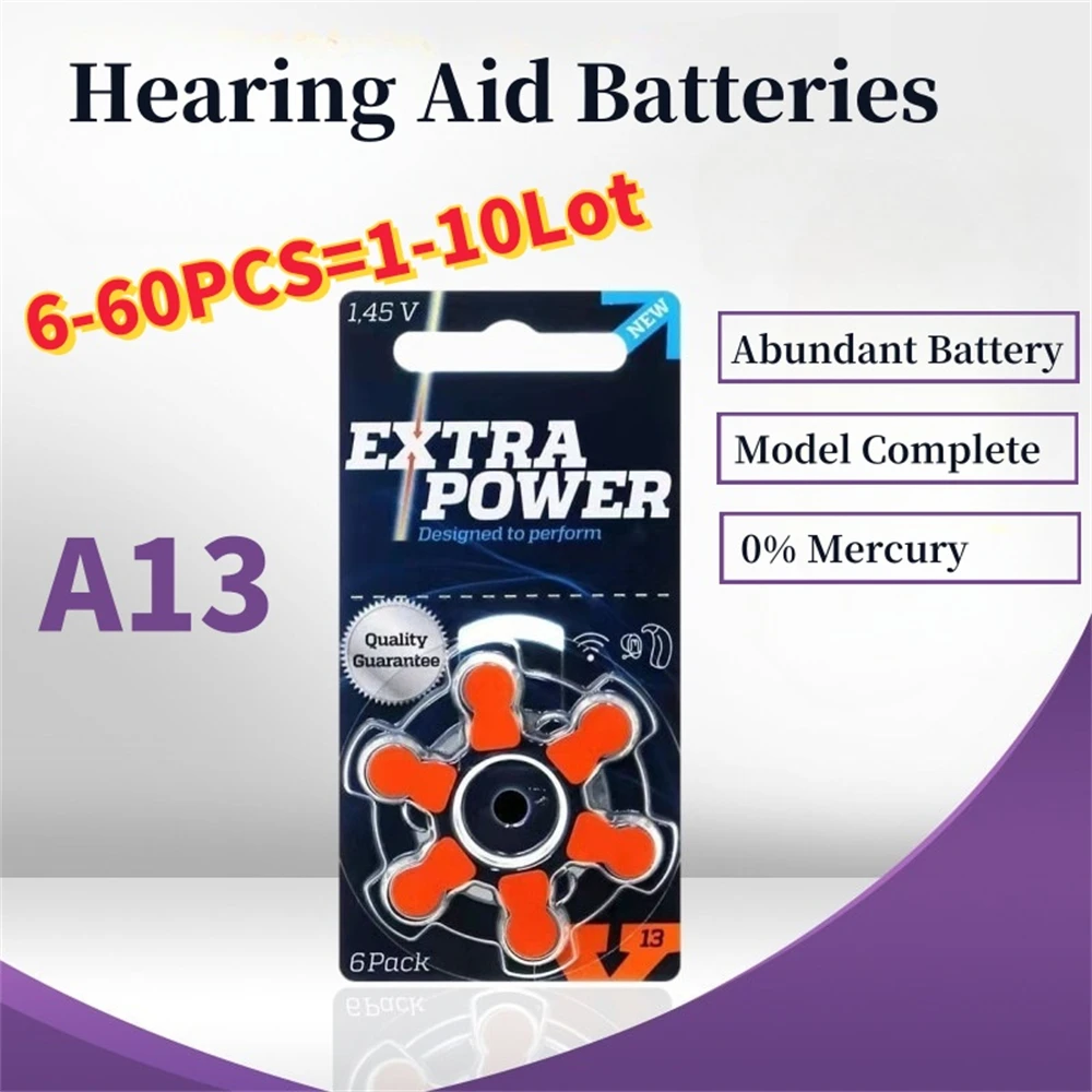 6-60pcs Hearing Aid Batteries Extra Power Size 1.45 V.13A A13 P13 PR48 Orange PR70 Zinc Air Suitable for CIC BTE Earphones