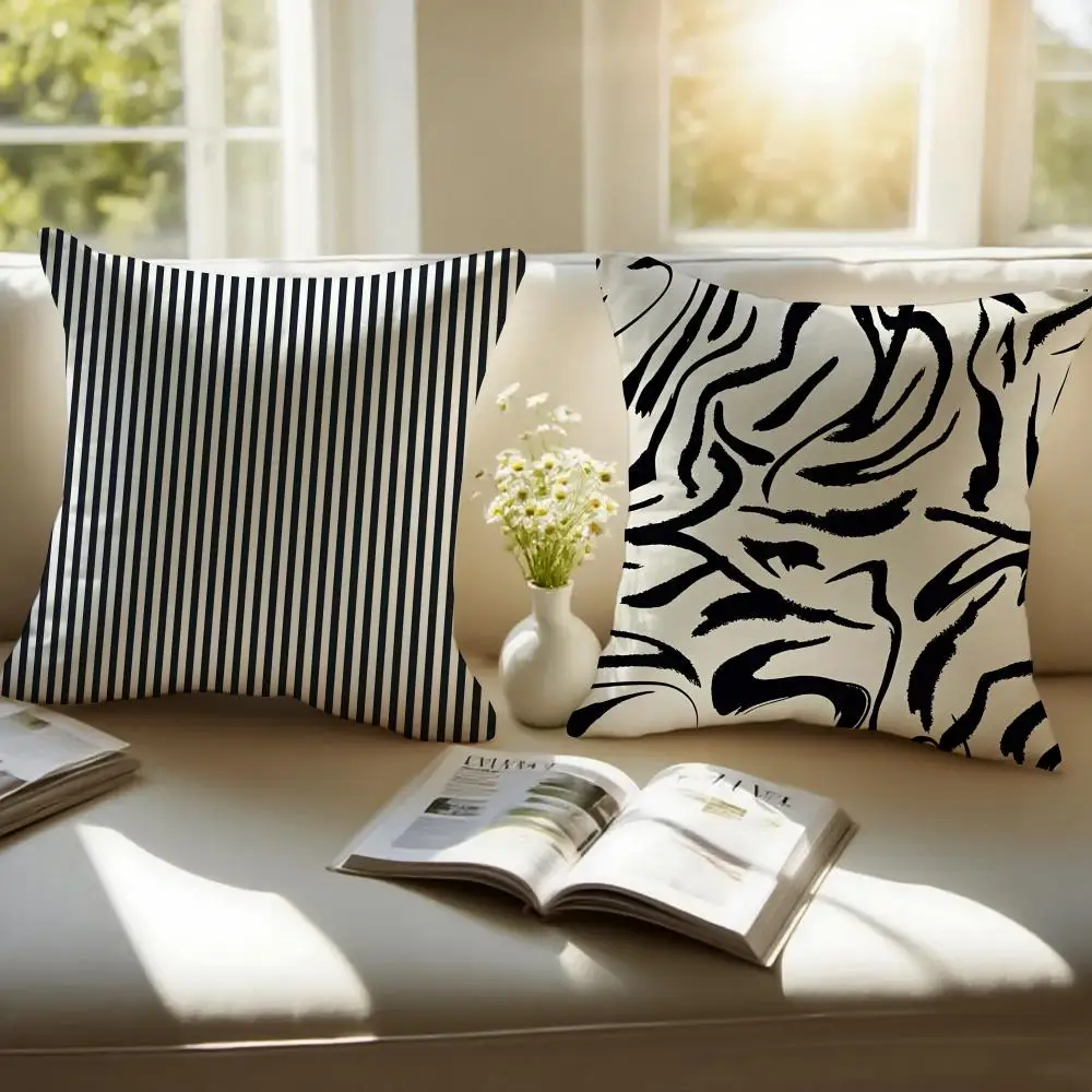 Black And White Striped Geometric Rectangle Cushion Cover Plush Fabric Soft Double Sided Print Home Sofa High Quality Cushion