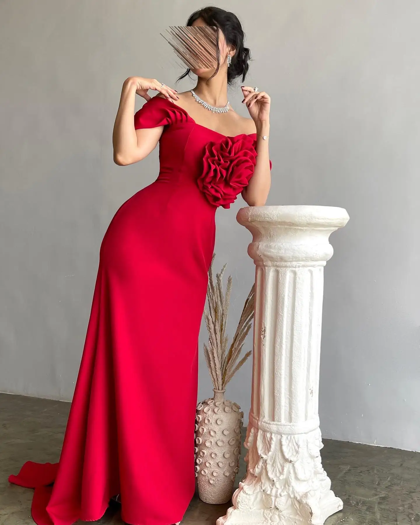 Jirocum Red Mermaid Evening Gown Women\'s Floral Long Sleeve Party Prom Dress Floor Length Off Shoulder Formal Occasion Dresses