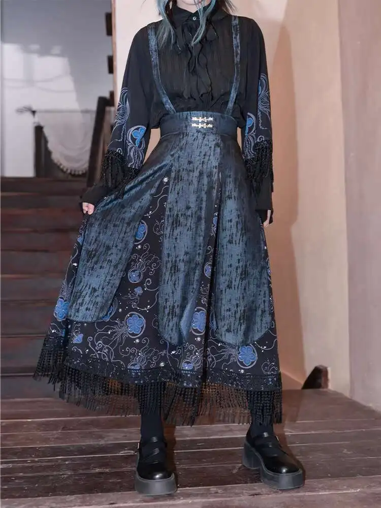 

New Chinese Style National Style Han Elements Printing Shoulder Strap Skirt Womens fashion Multilayer Montage Tassels Lace