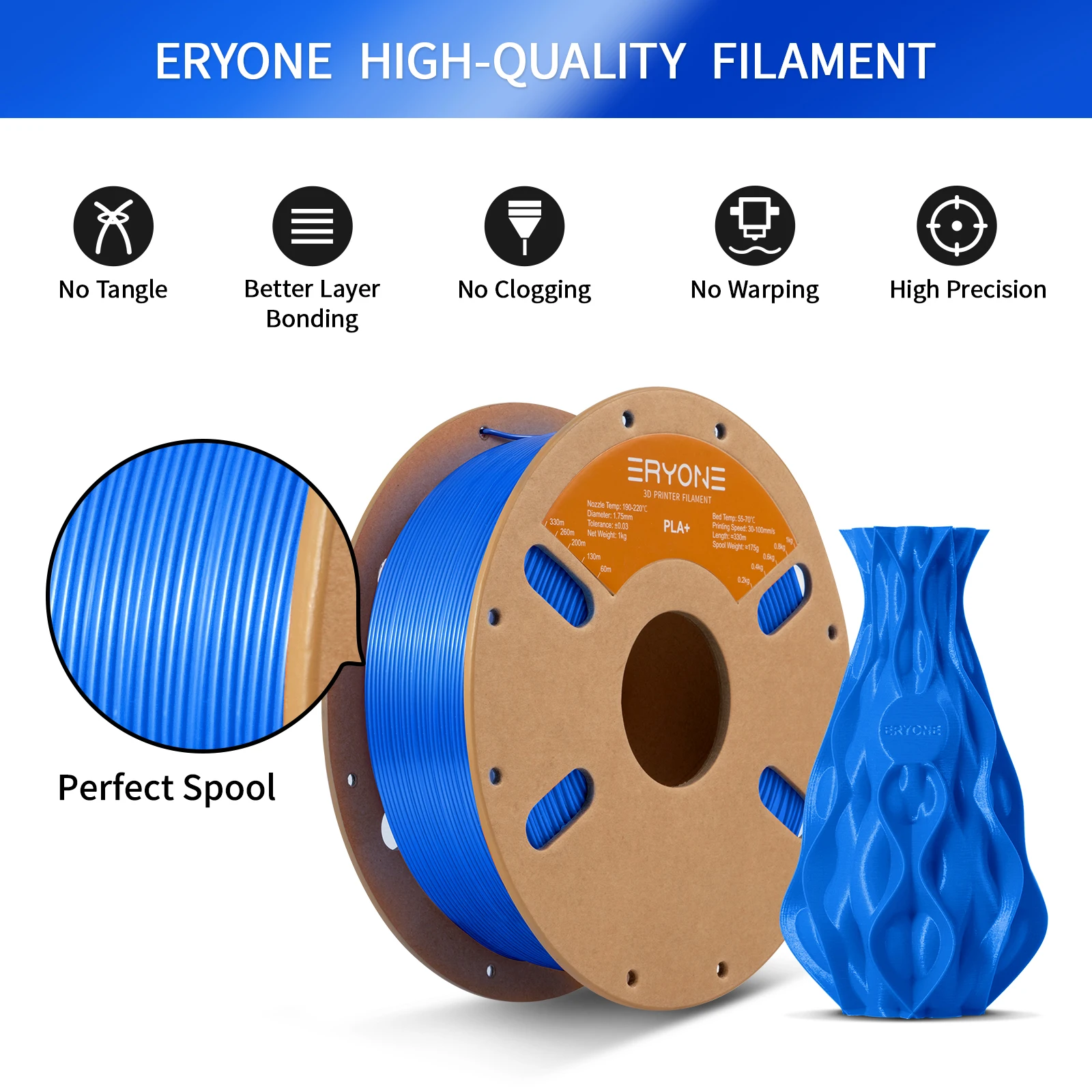ERYONE PLA Plus Filament 1kg (2.2lbs) 1.75mm 3D Printer Filament PLA Plus New Arrival Roll ±0.03mm Fast Shipping