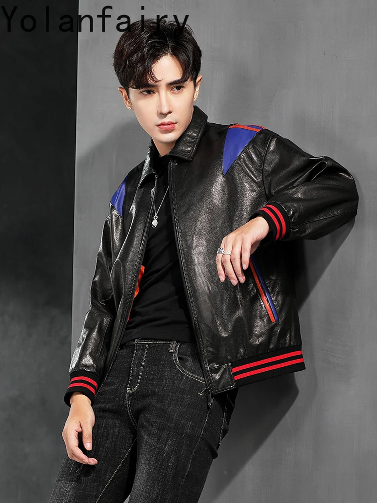 YOLANFAIRY Autumn Winter Genuine Leather Jacket Men Short Loose Fashion Leather Coat Real Goatskin Leather Jackets Man Abrigos