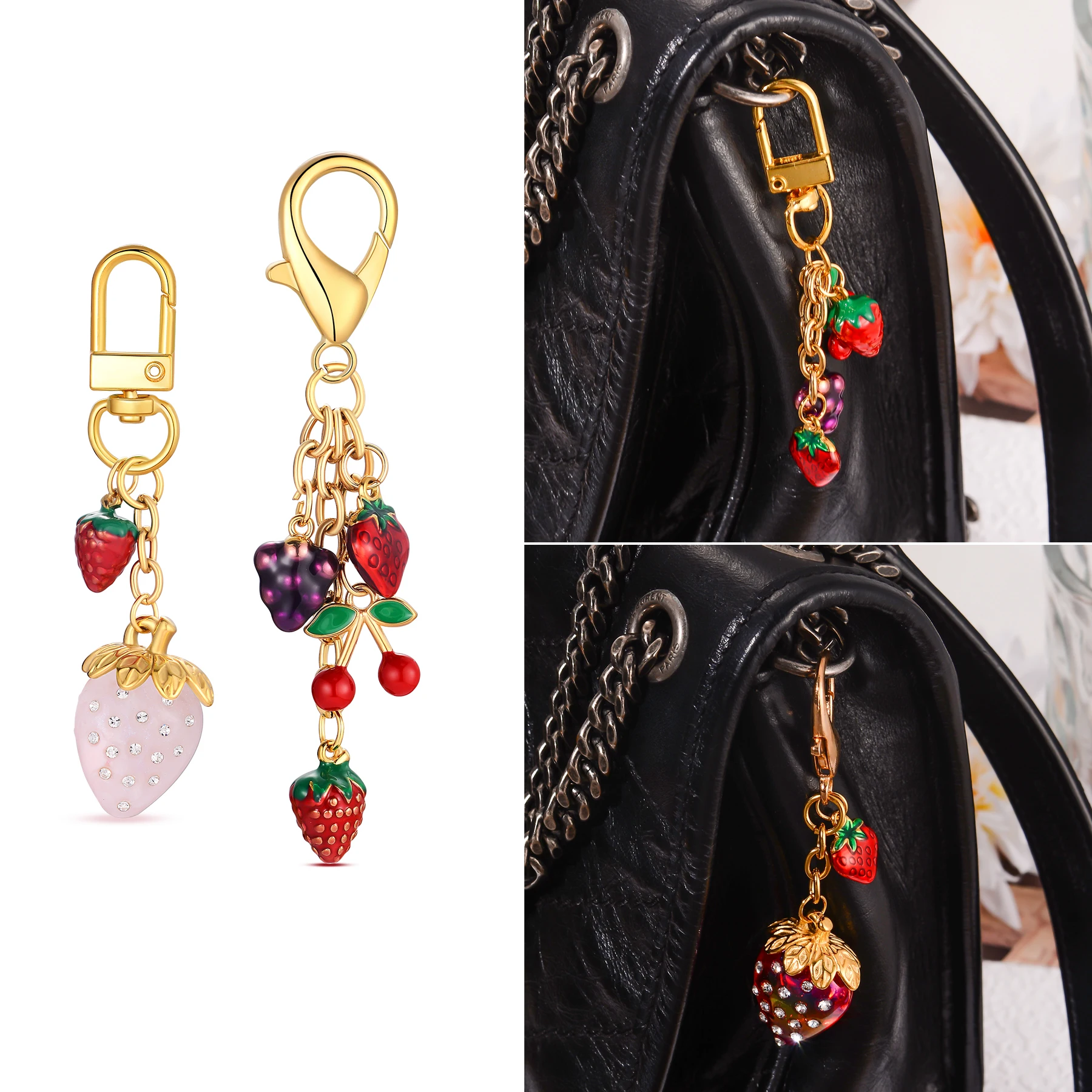 

10Pcs Pretty Cartoon Strawberry Cherry Keychain Love Fruit Key Ring For Women Girl Handmade Friendship Gift Jewelry