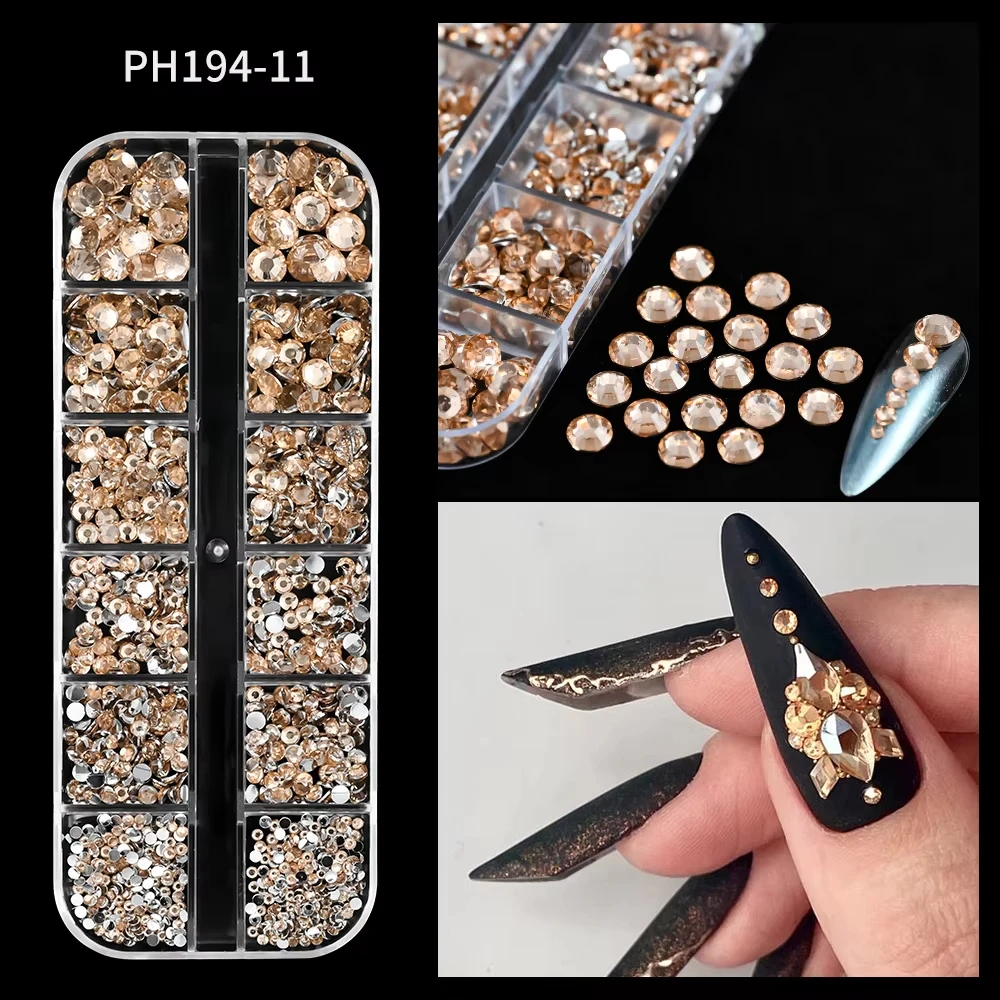 12Grid/box Non HotFix Rhinestone Mix Size Crystal Super Bright Glass Strass DIY DIY Glitter Stones Nail Art Decorations SS6-SS30