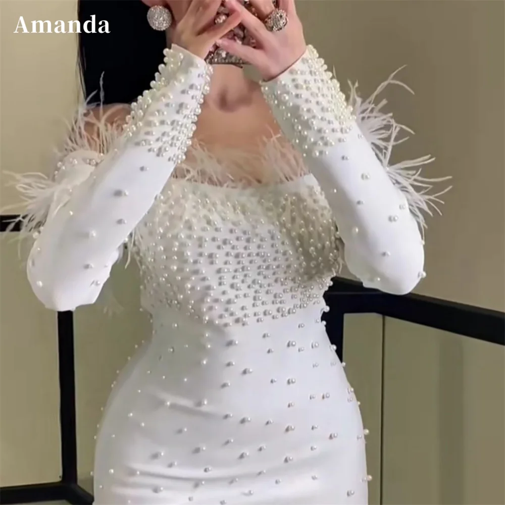 

Amanda белые платья для выпускного вечера с открытыми плечами и бисером, с перьями, с завязкой на талии, платья de noche с длинными рукавами, торжественное вечернее платье