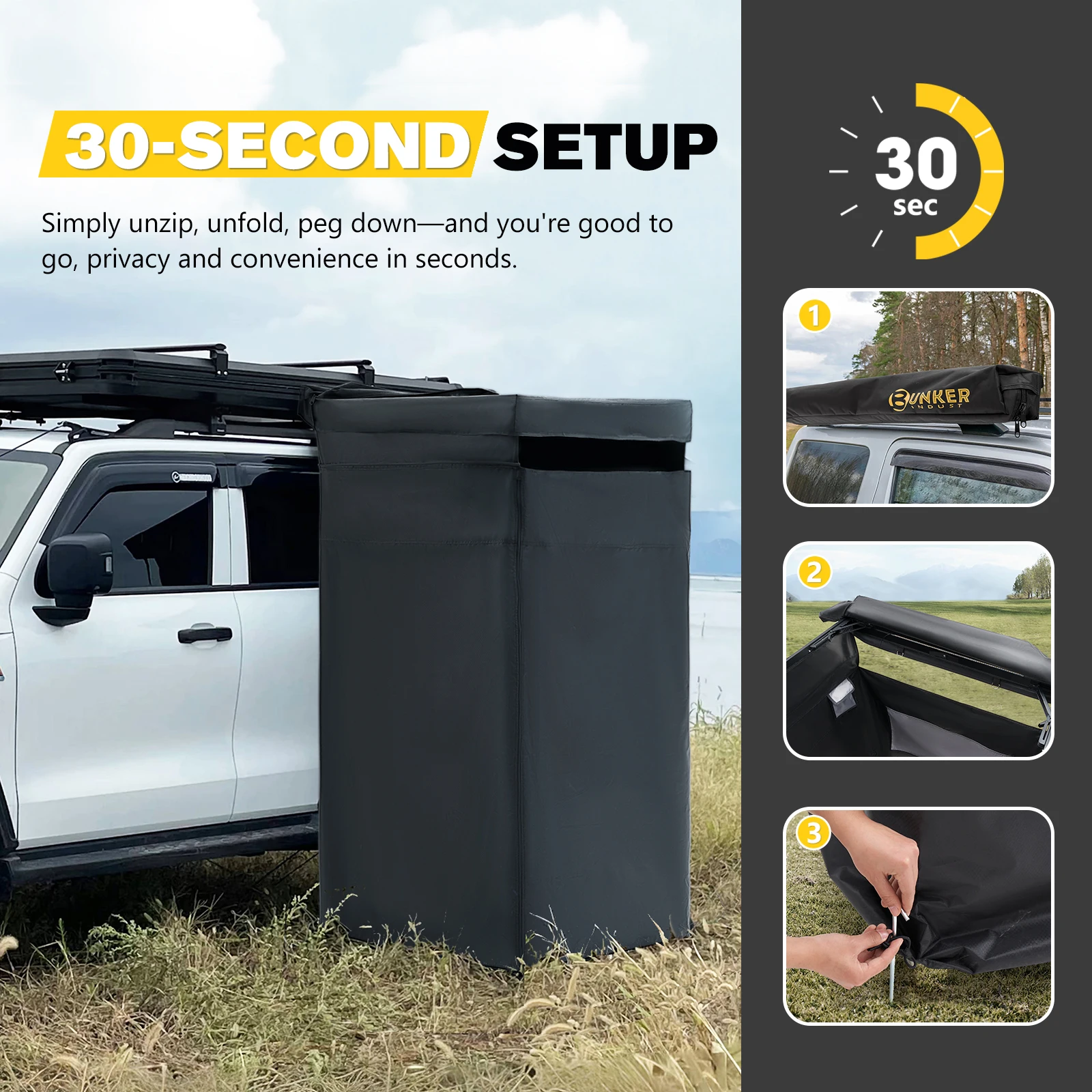 BUNKER INDUST Easy Setup Adjustable Height Vehicle Mount Camping Shower Tent Awning Car Side Shower Tent Toilet Bathing Tent