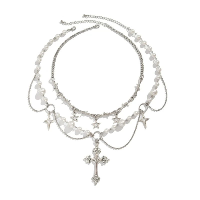 2pcs Stylish Crosses and Pearls Necklace Elegant Pearls Necklace with Crosses Pendant Char, Adds Charm to Your