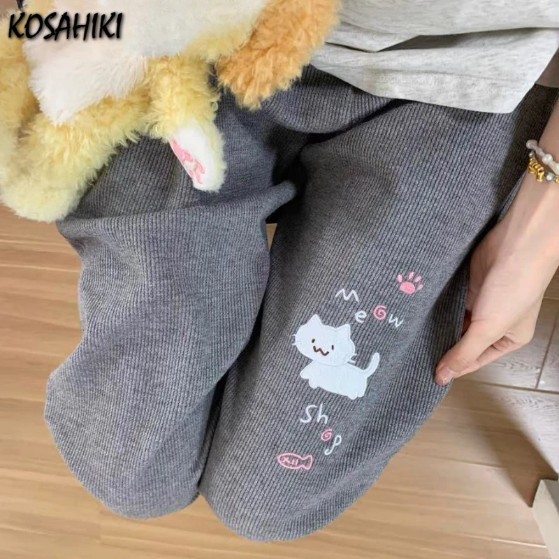 Japanese Autumn Grunge Fairy Trousers Y2k Aesthetic Kawaii Embroidery Cat Straight Pants Loose Vintage Casual Pantalones Women