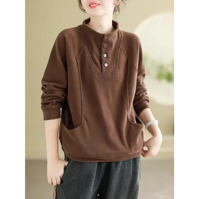 Sudadera térmica cálida para mujer, Top informal de manga larga con botones y cuello medio alto de terciopelo y poliéster