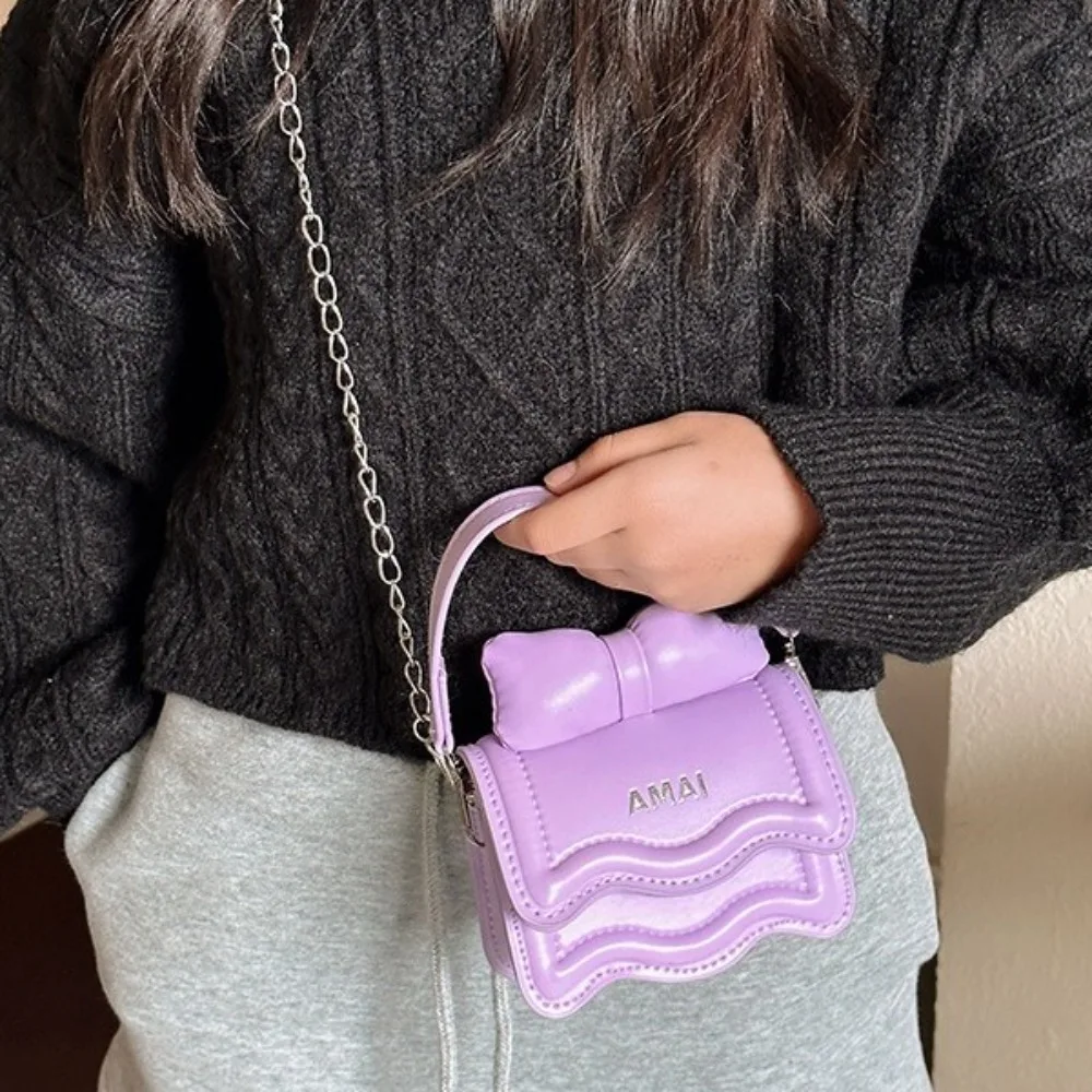

Solid Color Mini Bow Crossbody Bag PU Leather Small Square Bag Sweet Shoulder Bag Chain Coin Purse Children Handbag Summer