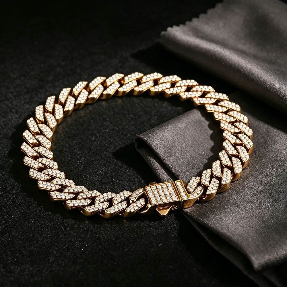 High quality 6-8mm stainless steel full diamond multi specification Cuban chain waterproof men's and women's bracelet