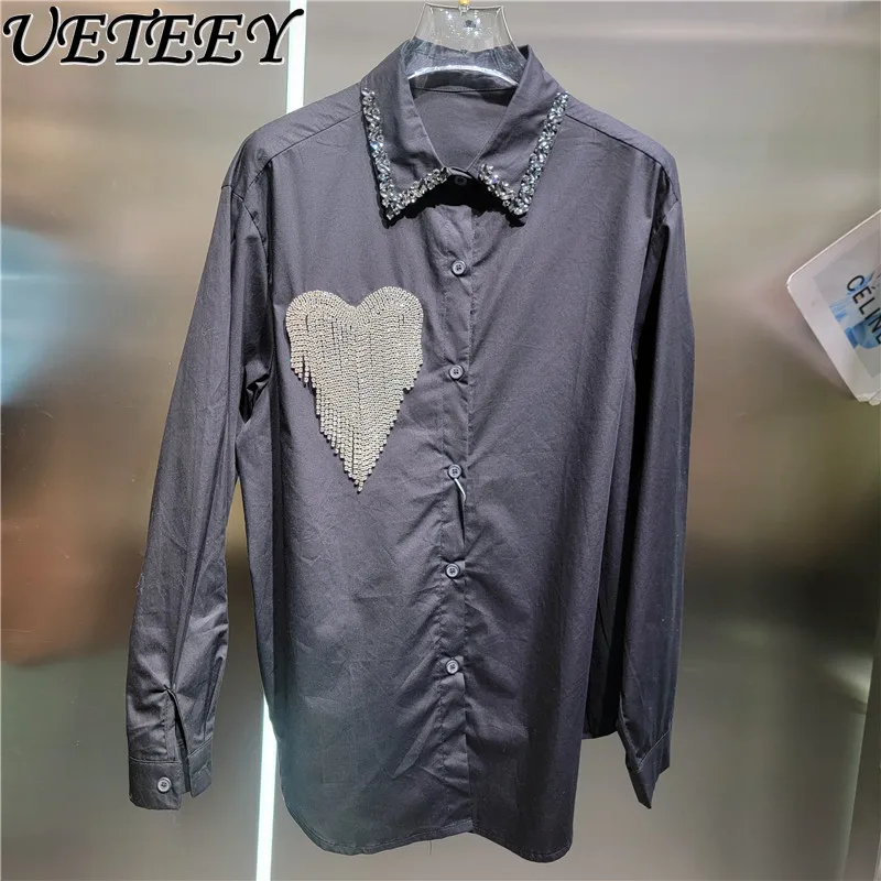 

2026 Spring New Heavy Craft Rhinestone Heart Patchwork Tassel Rhinestone White Shirt Loose Casual Black Shirts for Women Camisa